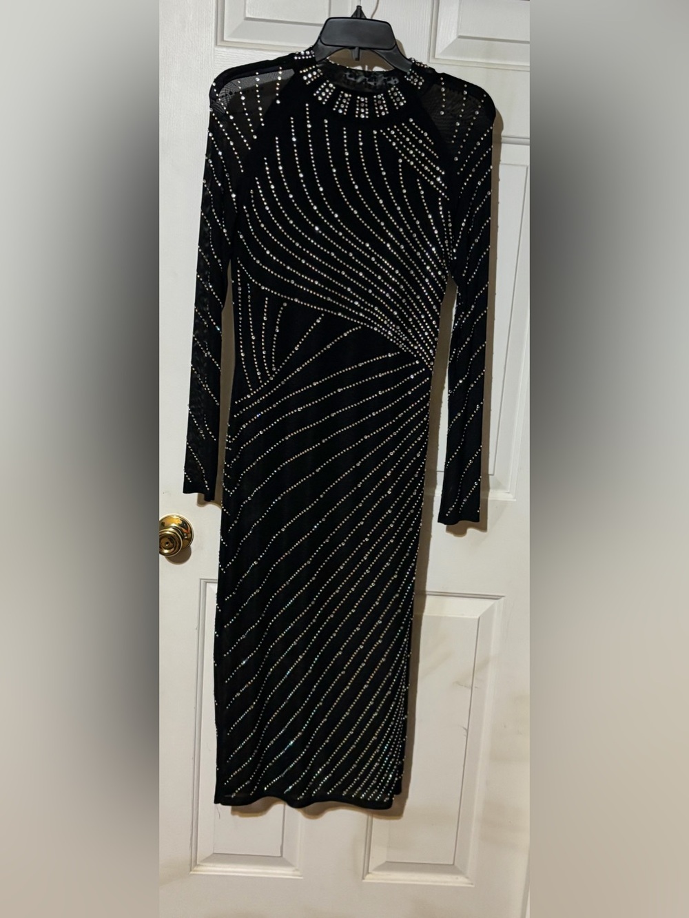 Elegant Black Long-Sleeve Embellished Evening Dress